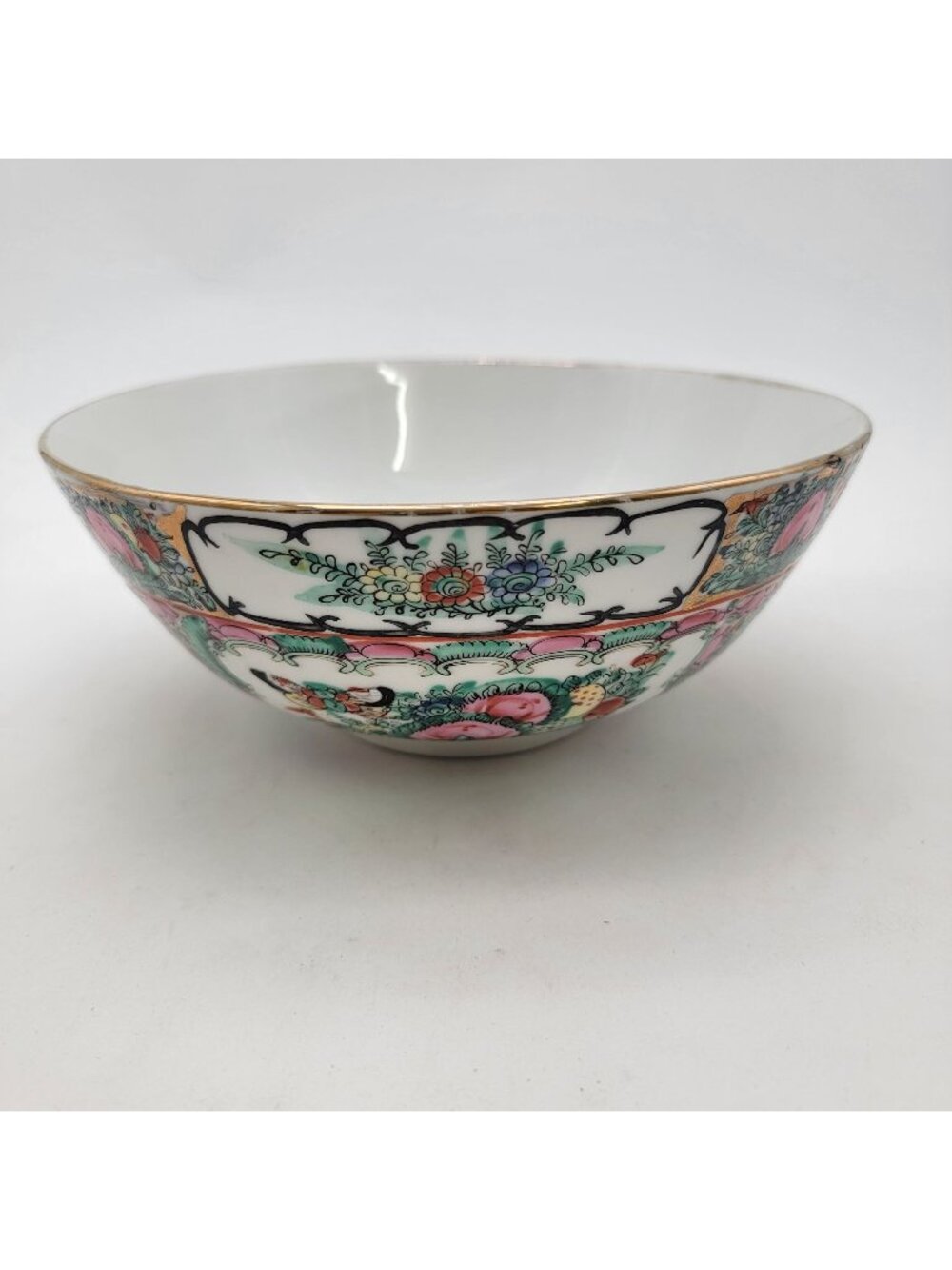 Vintage Hand Painted Rose Medallion Porcelain Bowl Intricate Floral Design Gold
